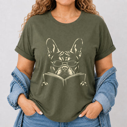 French Bulldog Reading Book Softstyle T-Shirt | Book Lover Gift Military Green