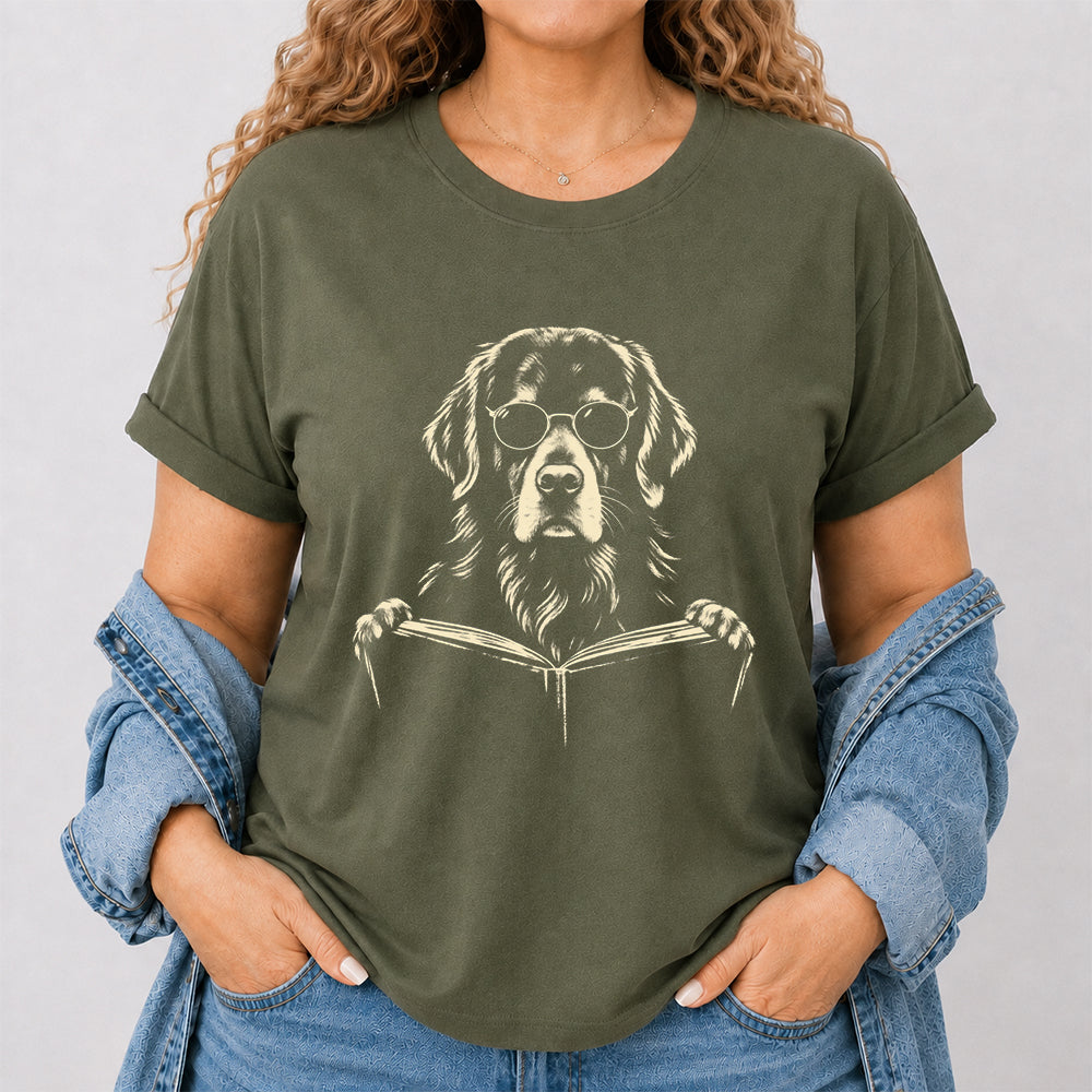 Golden Retriever Reading Book Softstyle T-Shirt | Book Lover Gift Military Green