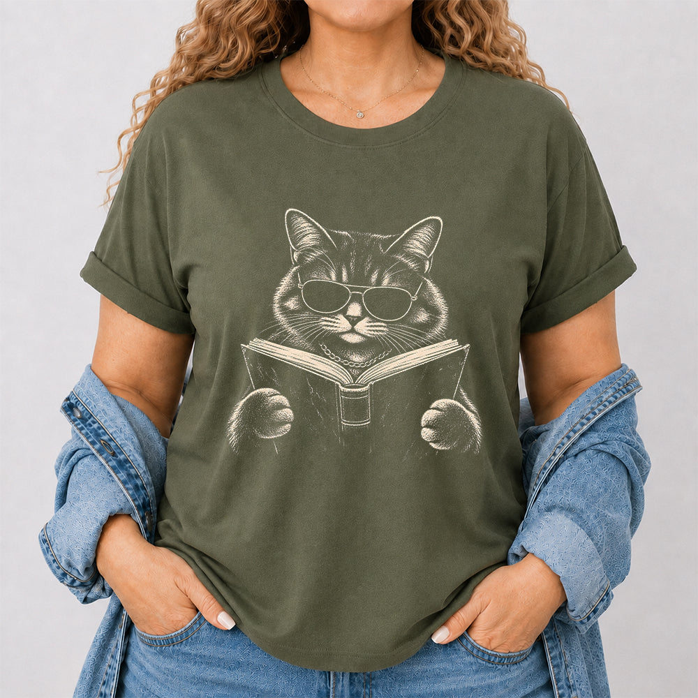 Cat Reading Book Softstyle T-Shirt | Book Lover Gift Military Green