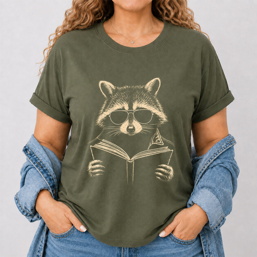 Raccoon Reading Book Softstyle T-Shirt | Book Lover Gift Military Green