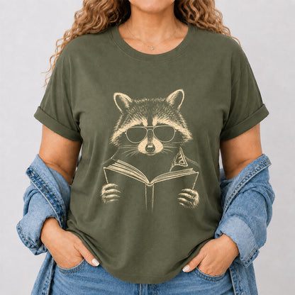 Raccoon Reading Book Softstyle T-Shirt | Book Lover Gift Military Green