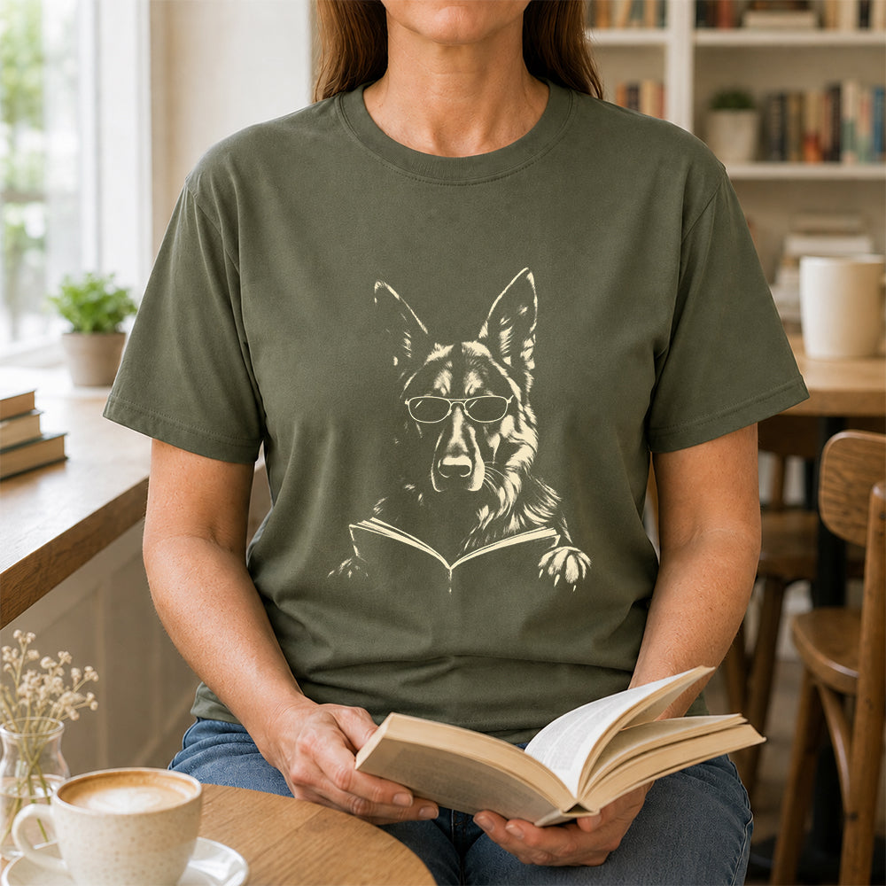 German Shepherd Reading Book Softstyle T-Shirt | Book Lover Gift Military Green