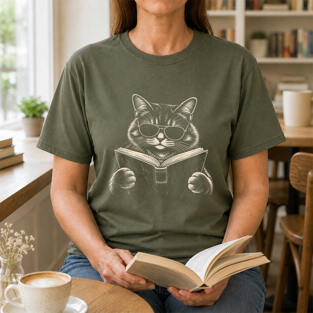 Cat Reading Book Softstyle T-Shirt | Book Lover Gift Military Green