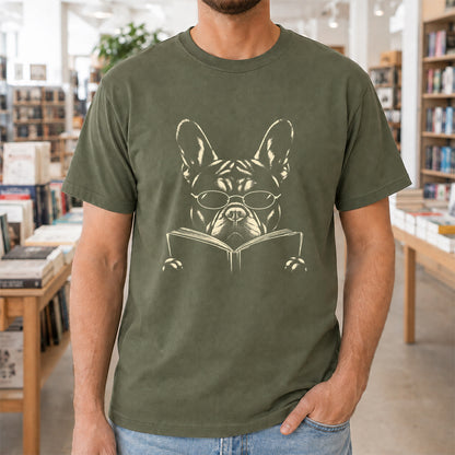 French Bulldog Reading Book Softstyle T-Shirt | Book Lover Gift Military Green