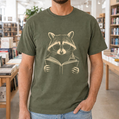 Raccoon Reading Book Softstyle T-Shirt | Book Lover Gift Military Green