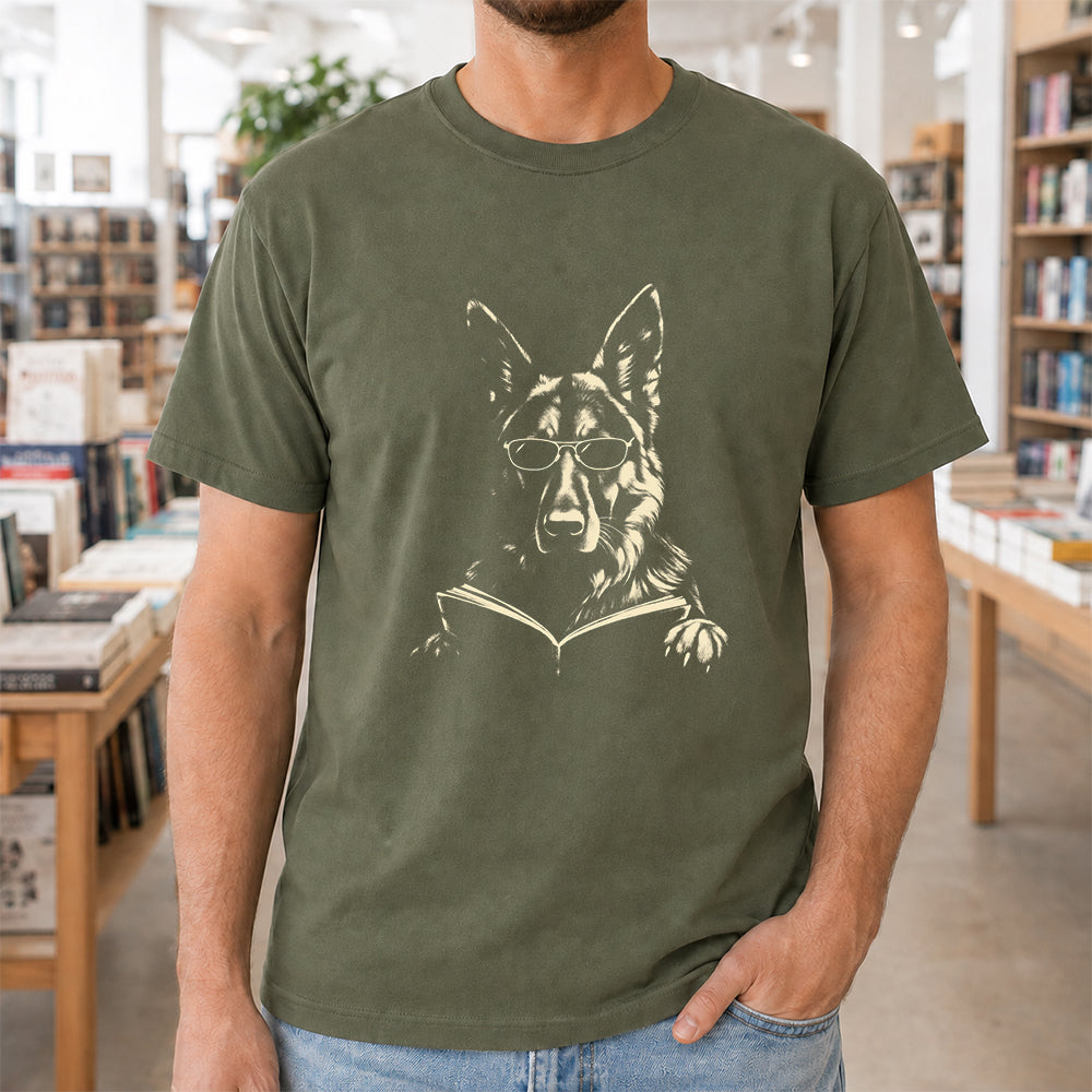 German Shepherd Reading Book Softstyle T-Shirt | Book Lover Gift Military Green