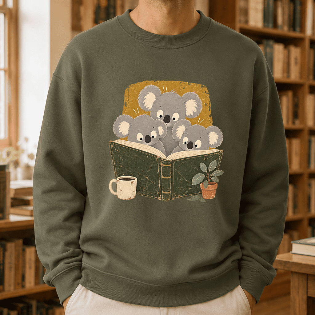 Minimal Japanese Koalas Reading Crewneck Sweatshirt | Reader Gift Military Green