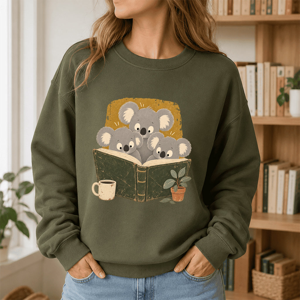 Minimal Japanese Koalas Reading Crewneck Sweatshirt | Reader Gift Military Green