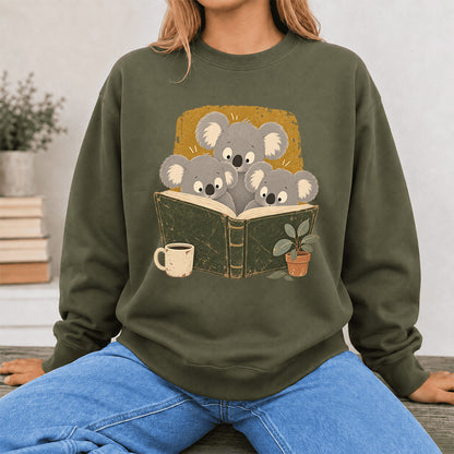 Minimal Japanese Koalas Reading Crewneck Sweatshirt | Reader Gift Military Green