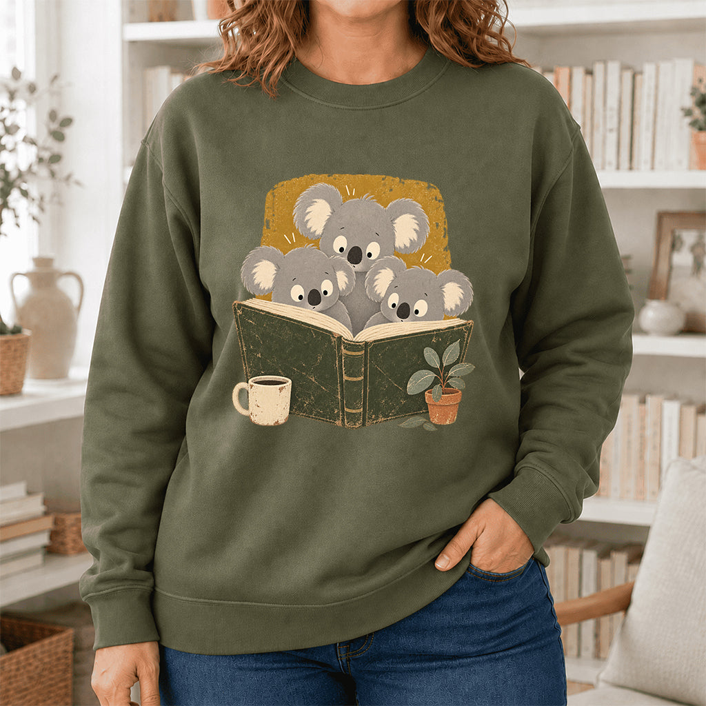 Minimal Japanese Koalas Reading Crewneck Sweatshirt | Reader Gift Military Green