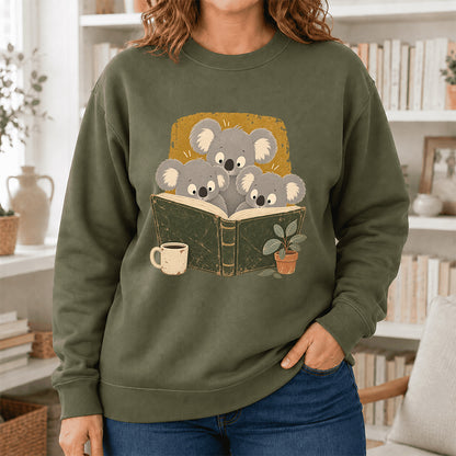 Minimal Japanese Koalas Reading Crewneck Sweatshirt | Reader Gift Military Green