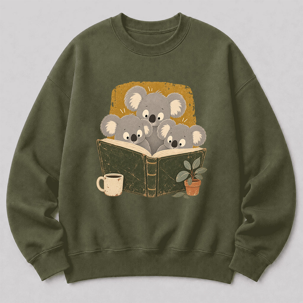 Minimal Japanese Koalas Reading Crewneck Sweatshirt | Reader Gift Military Green