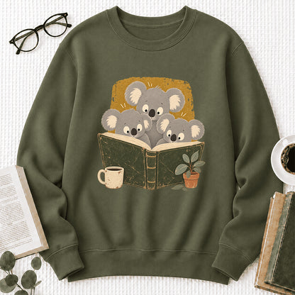 Minimal Japanese Koalas Reading Crewneck Sweatshirt | Reader Gift Military Green
