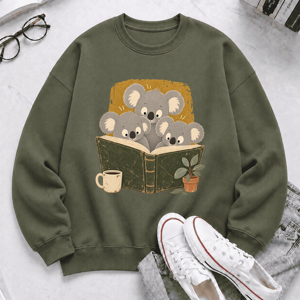 Minimal Japanese Koalas Reading Crewneck Sweatshirt | Reader Gift Military Green