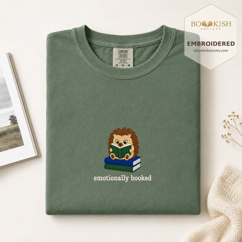 Emotionally Booked Embroidered Comfort Colors® T-shirt | Book Lover Gift Moss