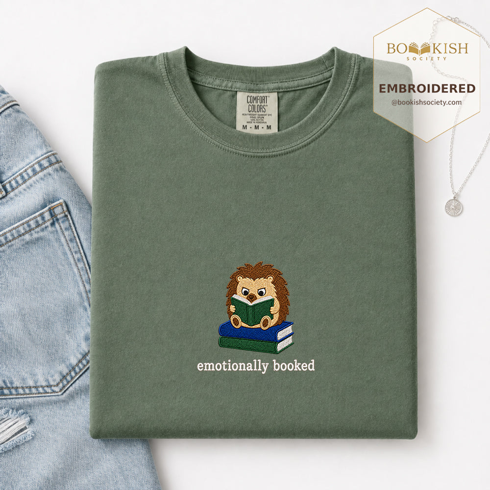 Emotionally Booked Embroidered Comfort Colors® T-shirt | Book Lover Gift Moss