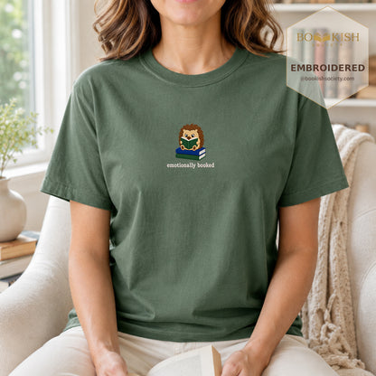 Emotionally Booked Embroidered Comfort Colors® T-shirt | Book Lover Gift Moss