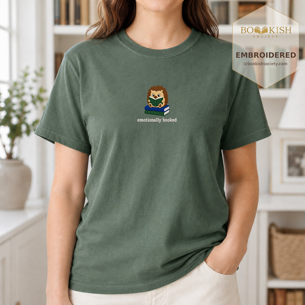 Emotionally Booked Embroidered Comfort Colors® T-shirt | Book Lover Gift Moss