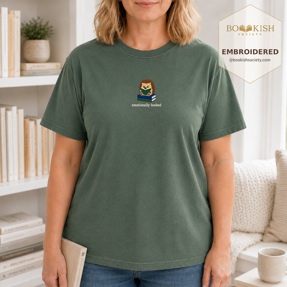 Emotionally Booked Embroidered Comfort Colors® T-shirt | Book Lover Gift Moss
