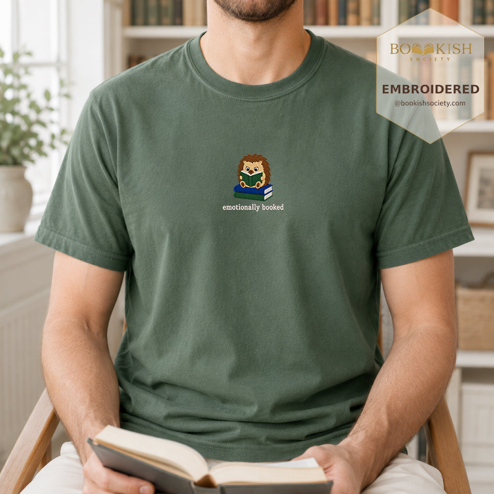 Emotionally Booked Embroidered Comfort Colors® T-shirt | Book Lover Gift Moss