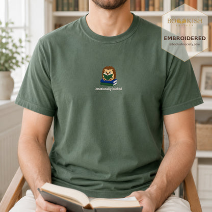 Emotionally Booked Embroidered Comfort Colors® T-shirt | Book Lover Gift Moss