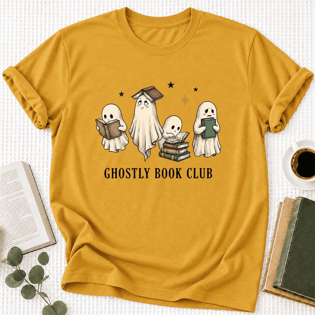 Ghostly Book Club Ultra-Soft Cotton T-Shirt | Spooky Book Lover Gift Mustard