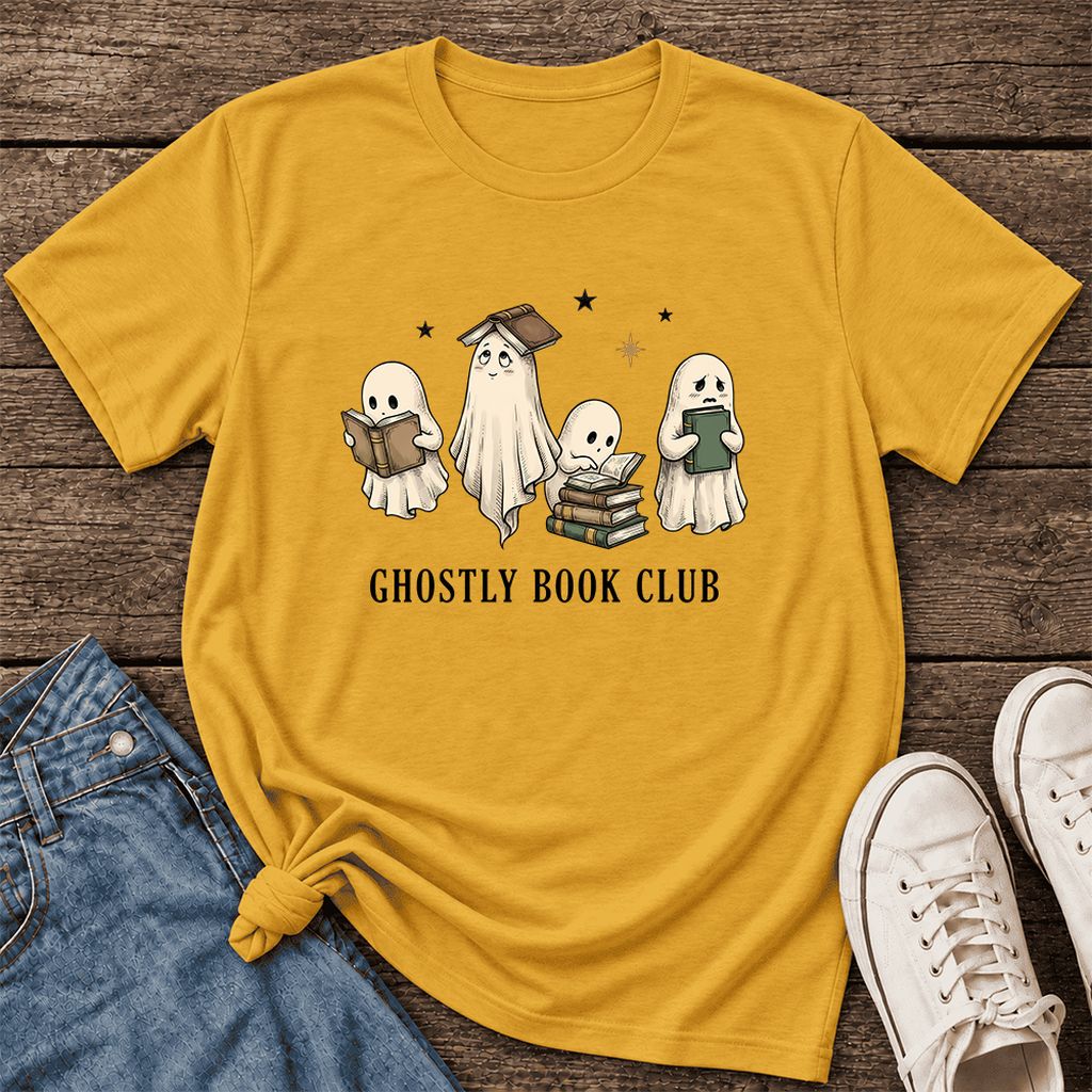 Ghostly Book Club Ultra-Soft Cotton T-Shirt | Spooky Book Lover Gift Mustard