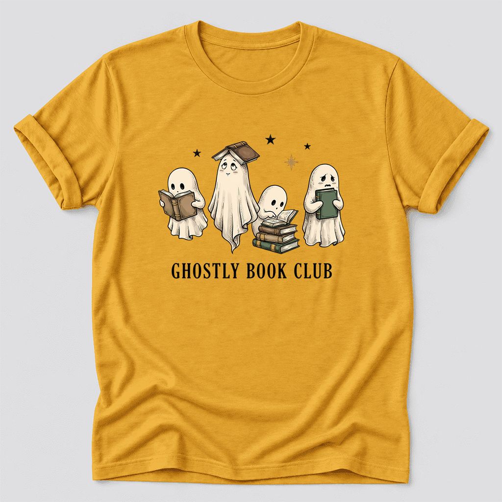 Ghostly Book Club Ultra-Soft Cotton T-Shirt | Spooky Book Lover Gift Mustard