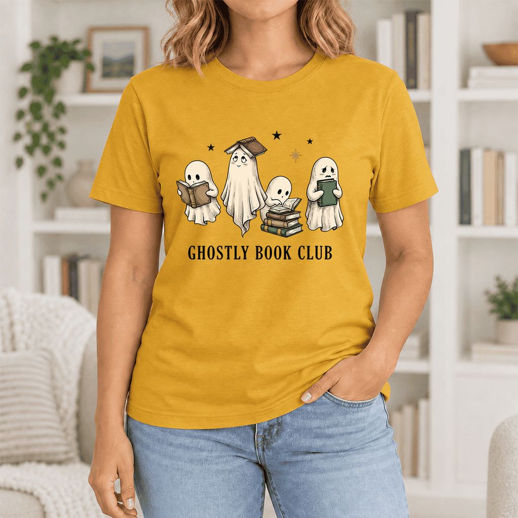 Ghostly Book Club Ultra-Soft Cotton T-Shirt | Spooky Book Lover Gift Mustard