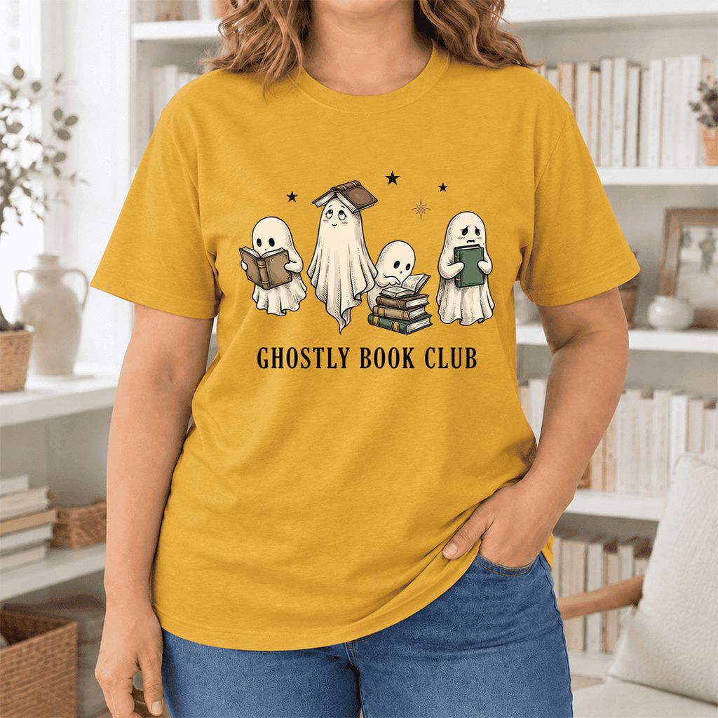 Ghostly Book Club Ultra-Soft Cotton T-Shirt | Spooky Book Lover Gift Mustard