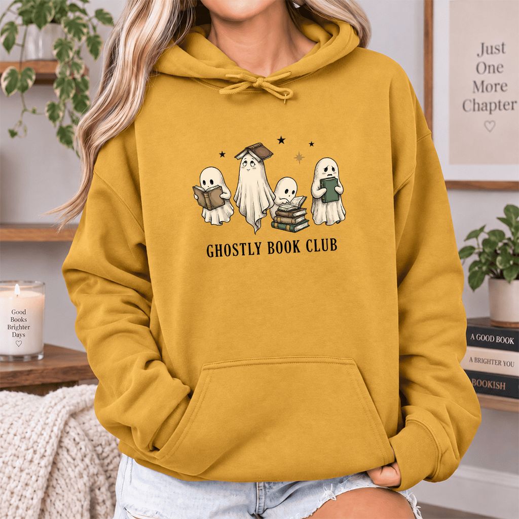 Ghostly Book Club Softstyle Hoodie | Spooky Book Lover Gift Mustard