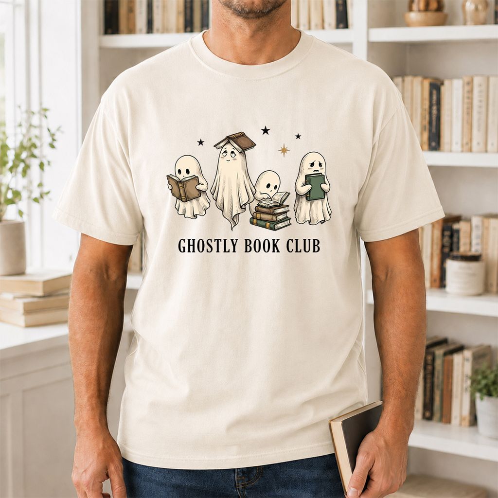 Ghostly Book Club Printed T-Shirt | Spooky Book Lover Gift Natural