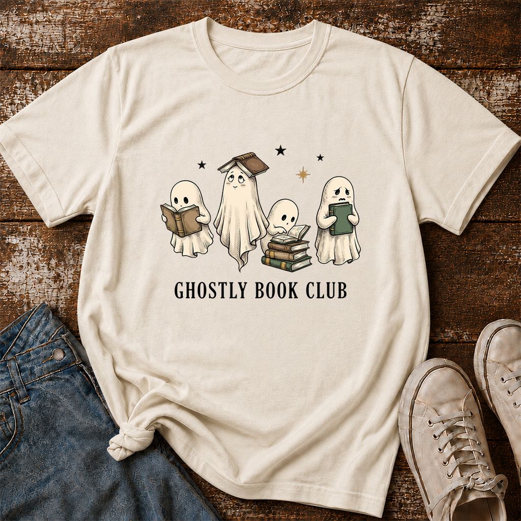 Ghostly Book Club Printed T-Shirt | Spooky Book Lover Gift Natural