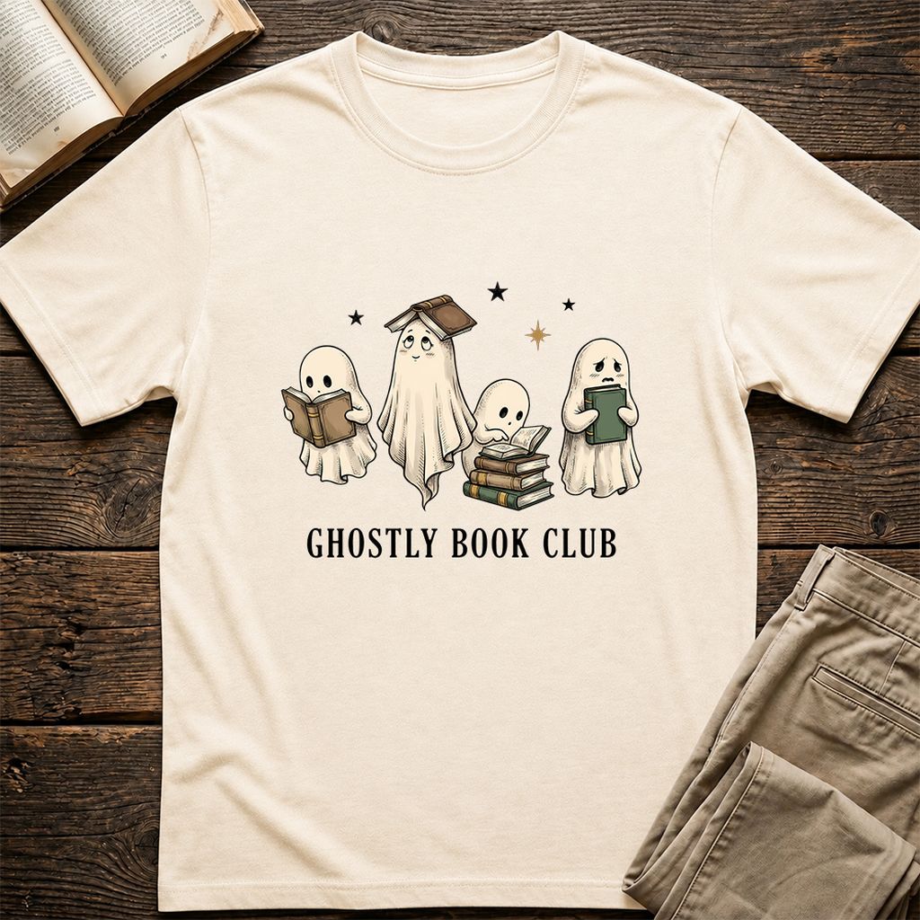 Ghostly Book Club Printed T-Shirt | Spooky Book Lover Gift Natural