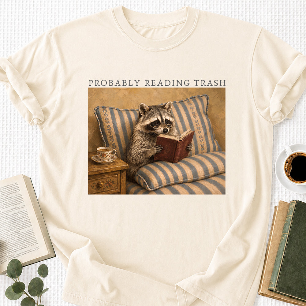 Probably Reading Trash Racoon Softstyle T-Shirt | Book Lover Gift Natural