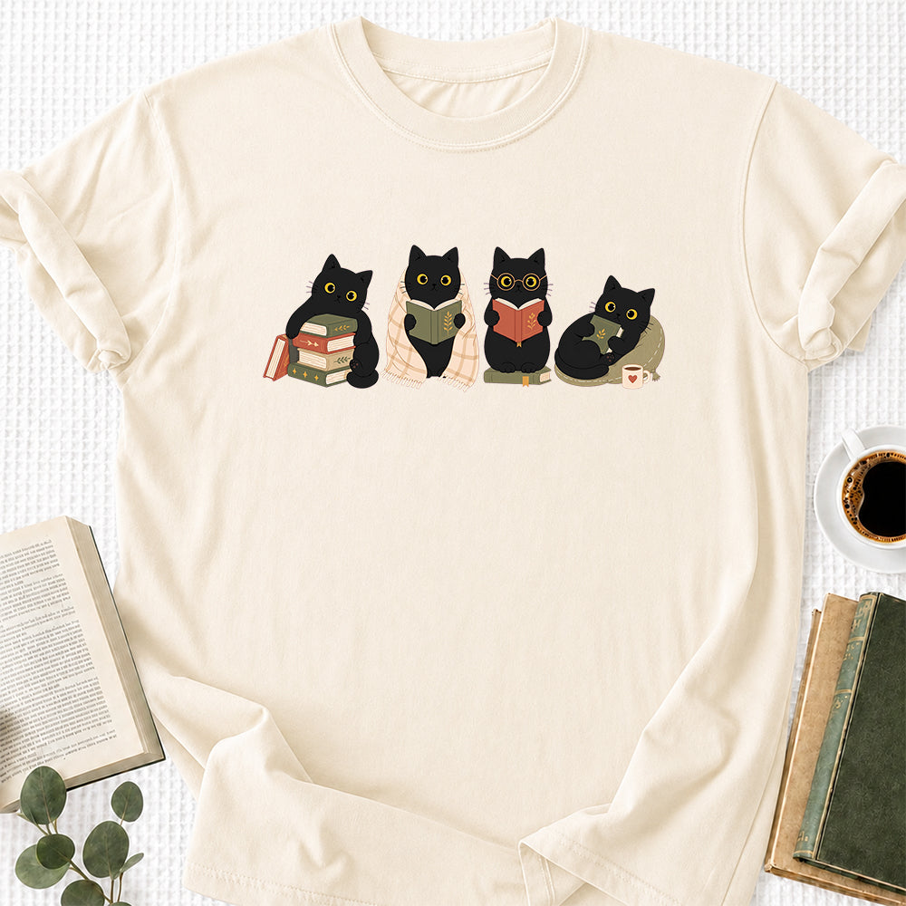 Black Cats Reading Softstyle T-Shirt | Book Lover Gift Natural