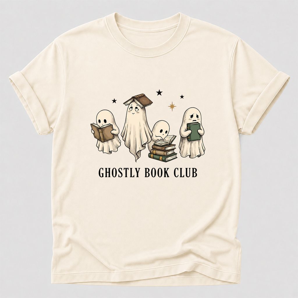 Ghostly Book Club Printed T-Shirt | Spooky Book Lover Gift Natural