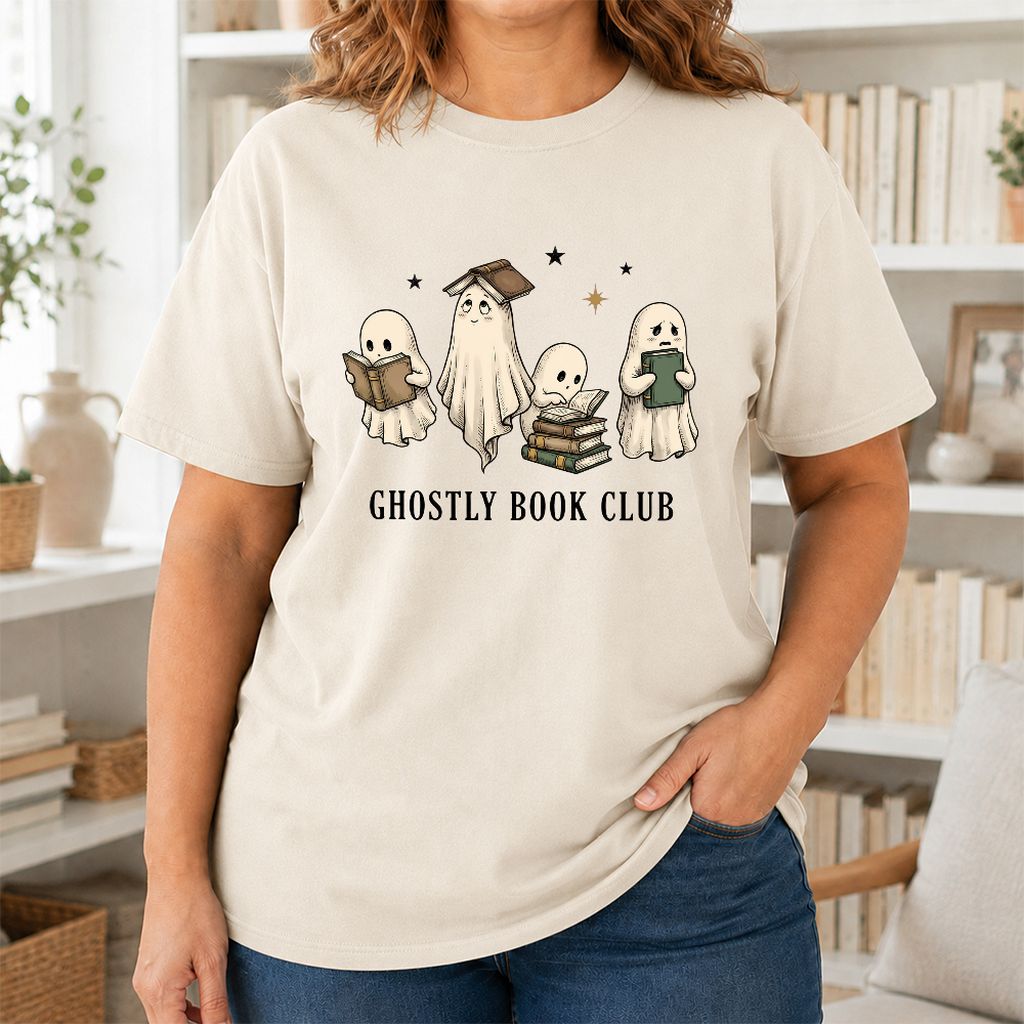 Ghostly Book Club Printed T-Shirt | Spooky Book Lover Gift Natural