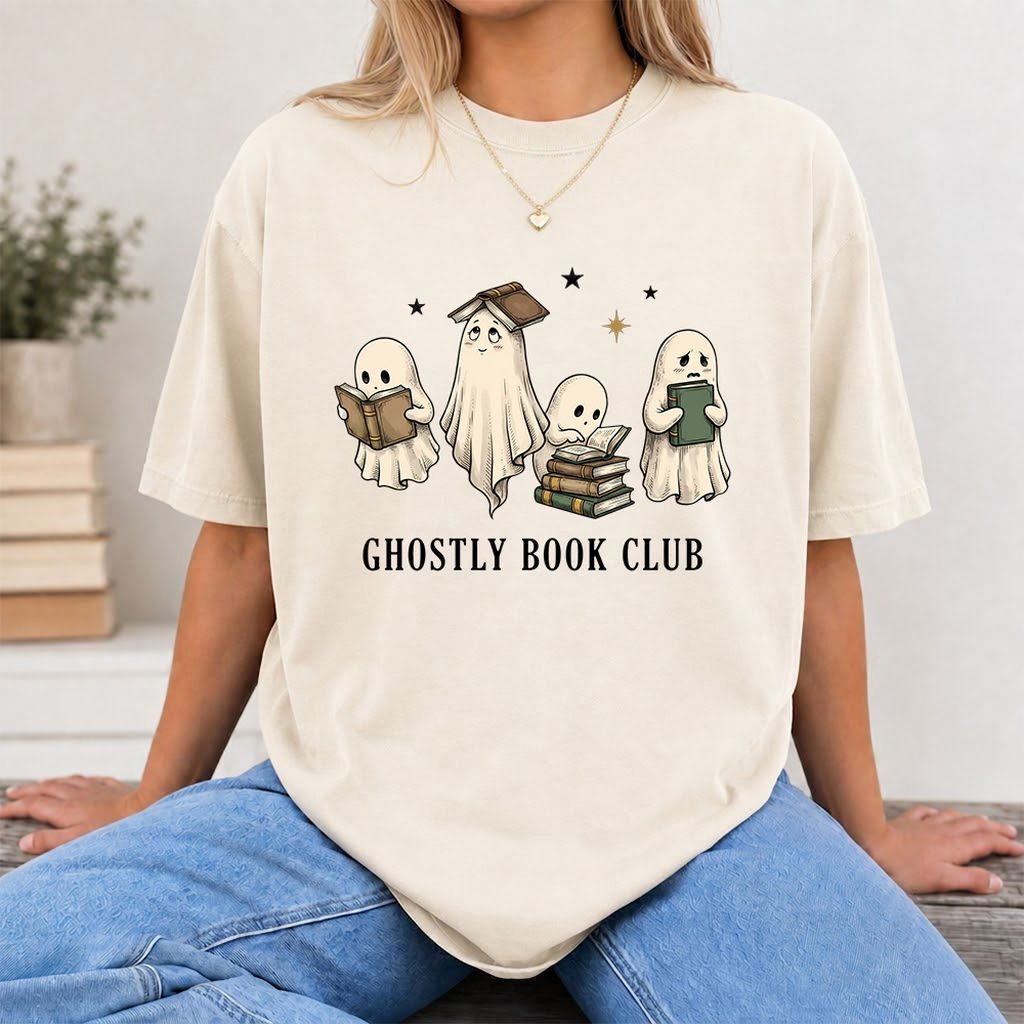 Ghostly Book Club Printed T-Shirt | Spooky Book Lover Gift Natural