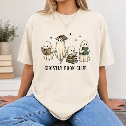 Ghostly Book Club Printed T-Shirt | Spooky Book Lover Gift Natural