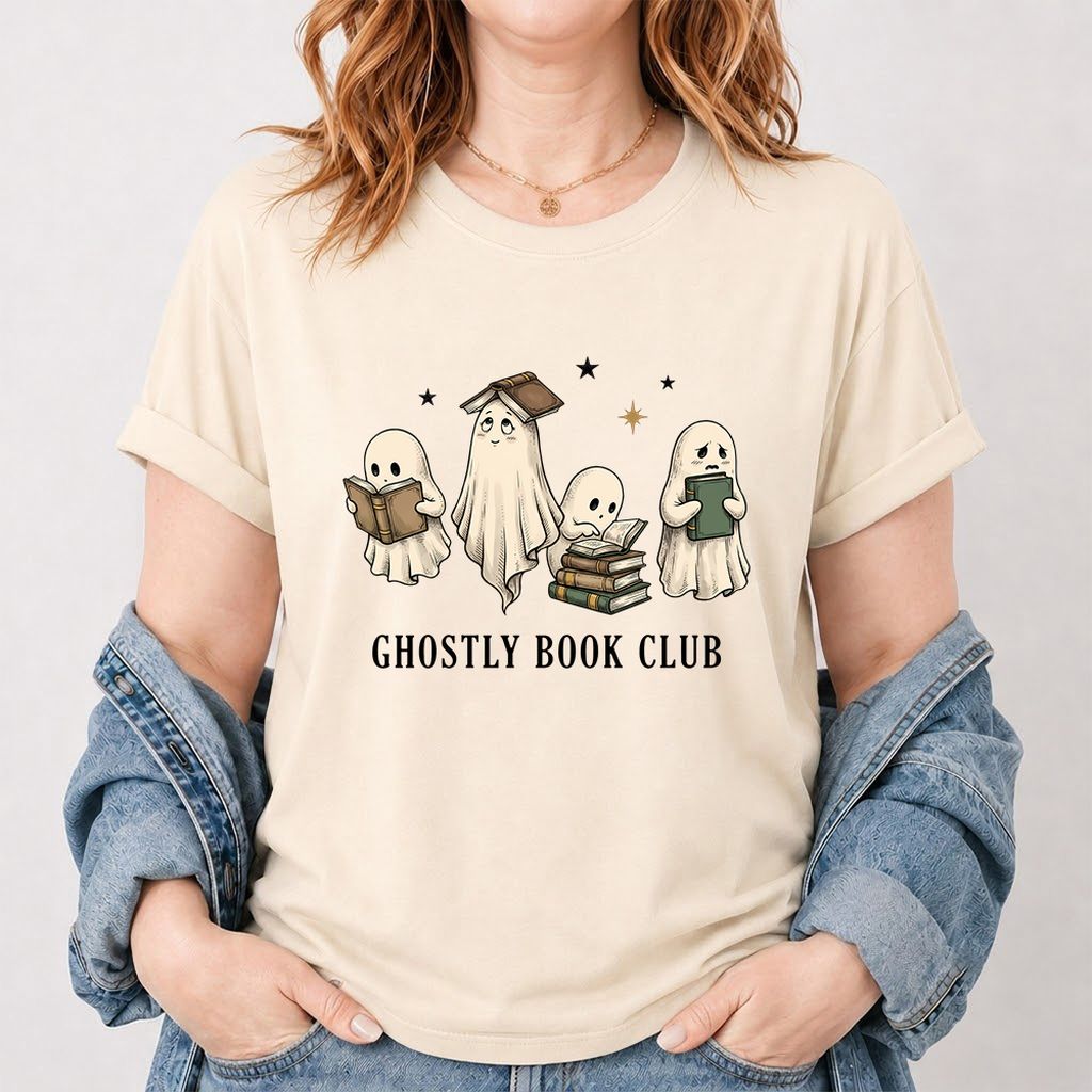 Ghostly Book Club Printed T-Shirt | Spooky Book Lover Gift Natural
