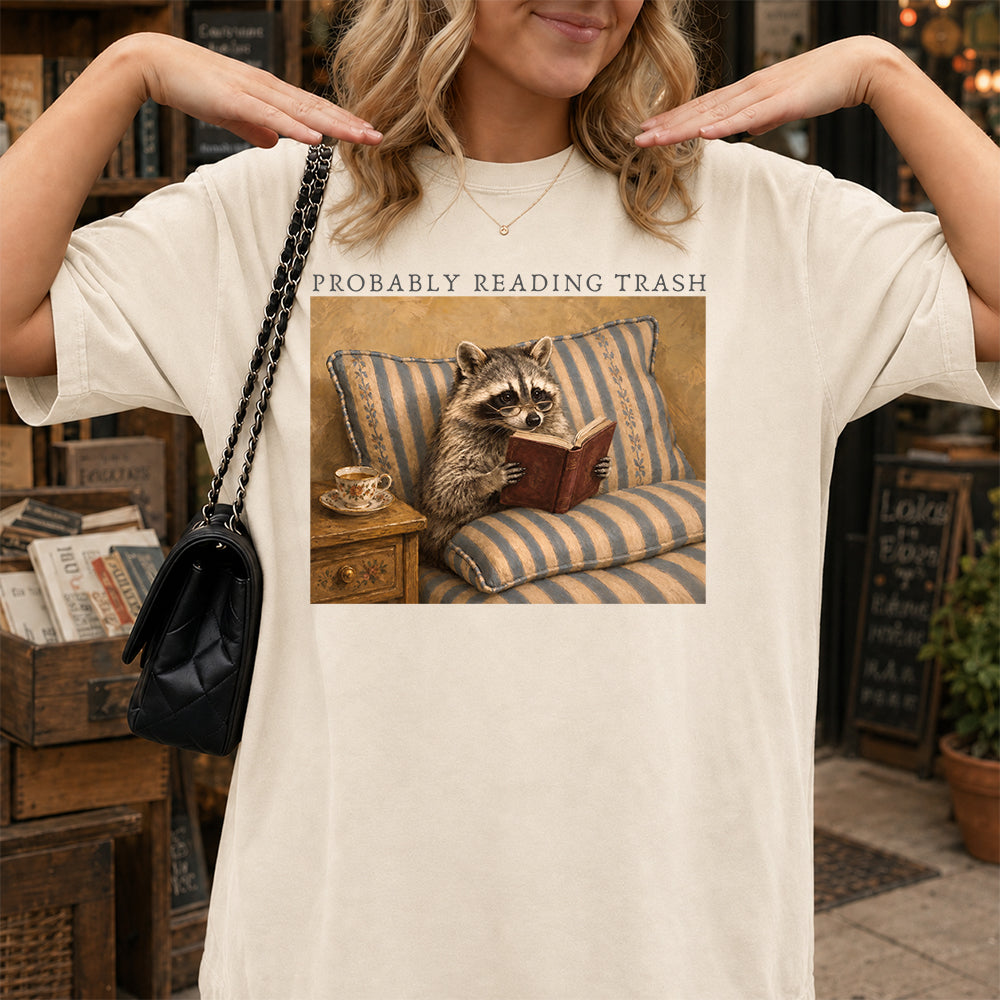 Probably Reading Trash Racoon Softstyle T-Shirt | Book Lover Gift Natural