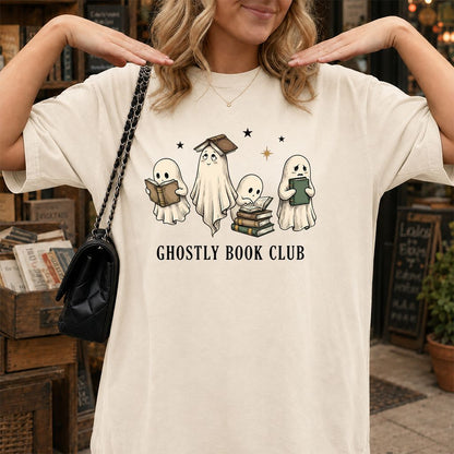 Ghostly Book Club Printed T-Shirt | Spooky Book Lover Gift Natural