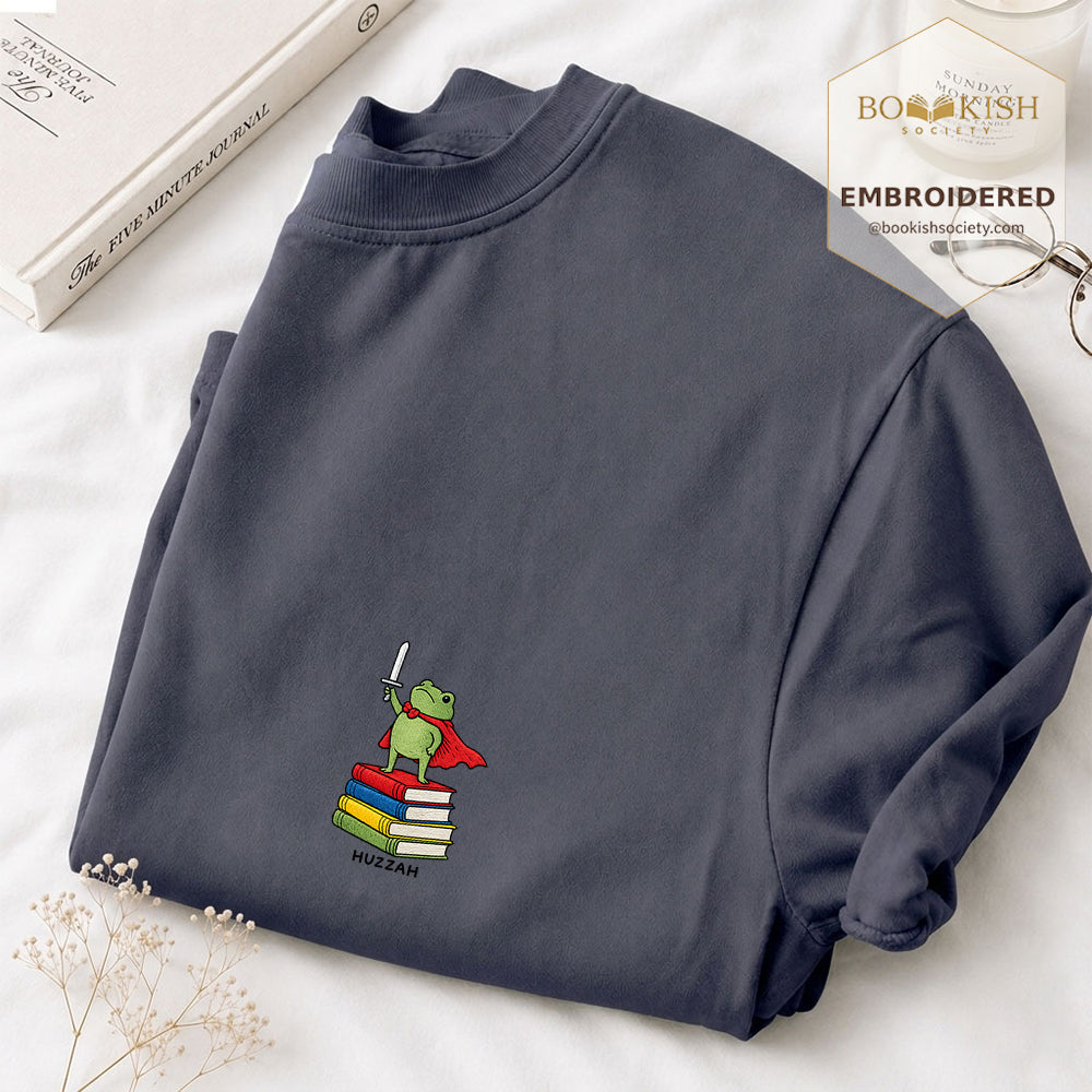Embroidered Huzzah Cute Frog Comfort Color ® T-shirt Book Lover Gift Navy