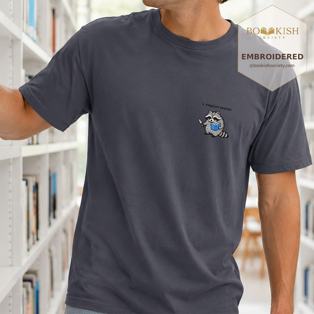 Embroidered I Require Snacks Comfort Color ® T-shirt Book Lover Gift Navy