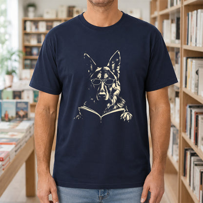 German Shepherd Reading Book Softstyle T-Shirt | Book Lover Gift Navy