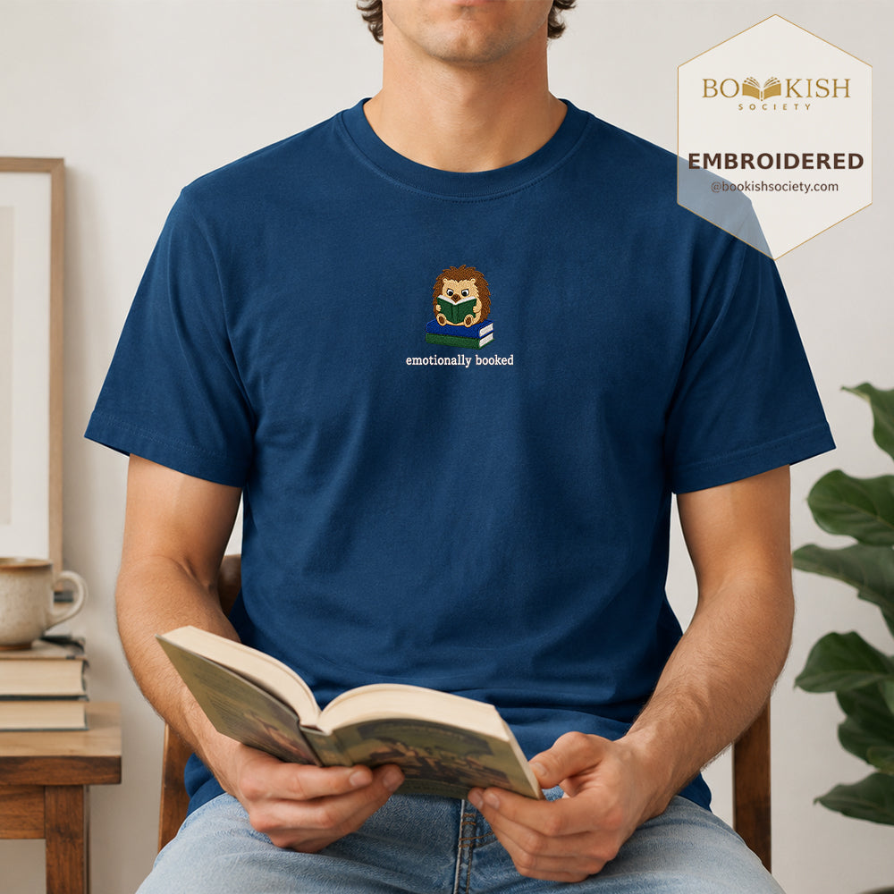 Emotionally Booked Embroidered Comfort Colors® T-shirt | Book Lover Gift Navy