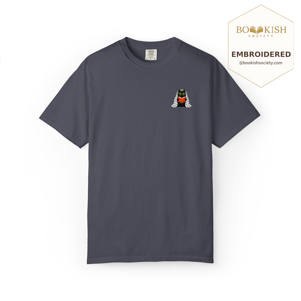 Embroidered Cat Reading Comfort Color ® T-shirt Book Lover Gift Navy
