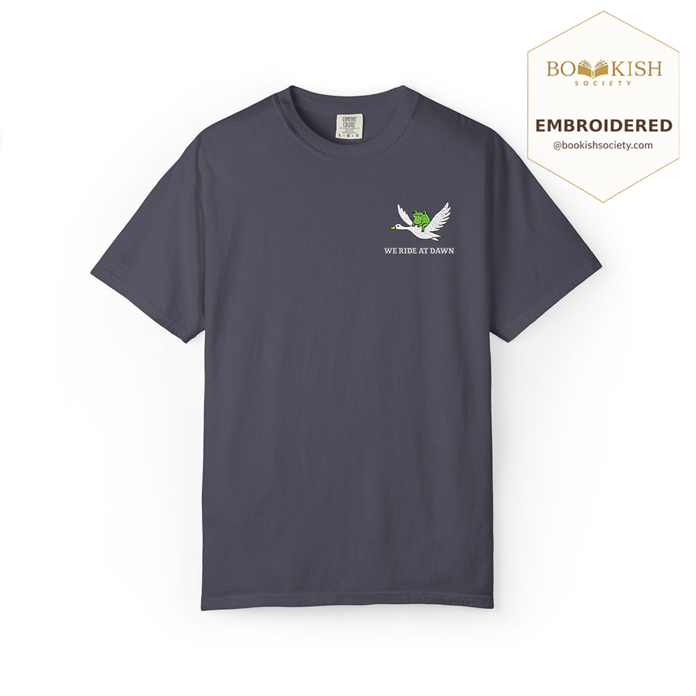 Embroidered We Ride at Dawn Comfort Color ® T-shirt Book Lover Gift Navy