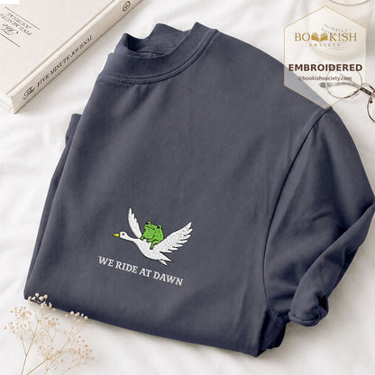Embroidered We Ride at Dawn Comfort Color ® T-shirt Book Lover Gift Navy
